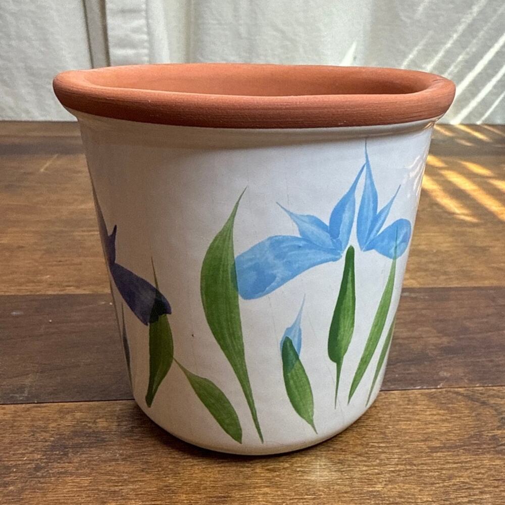 Emerson Creek Pottery VA 1994 Planter Glazed Hand-Painted Iris Floral Pattern